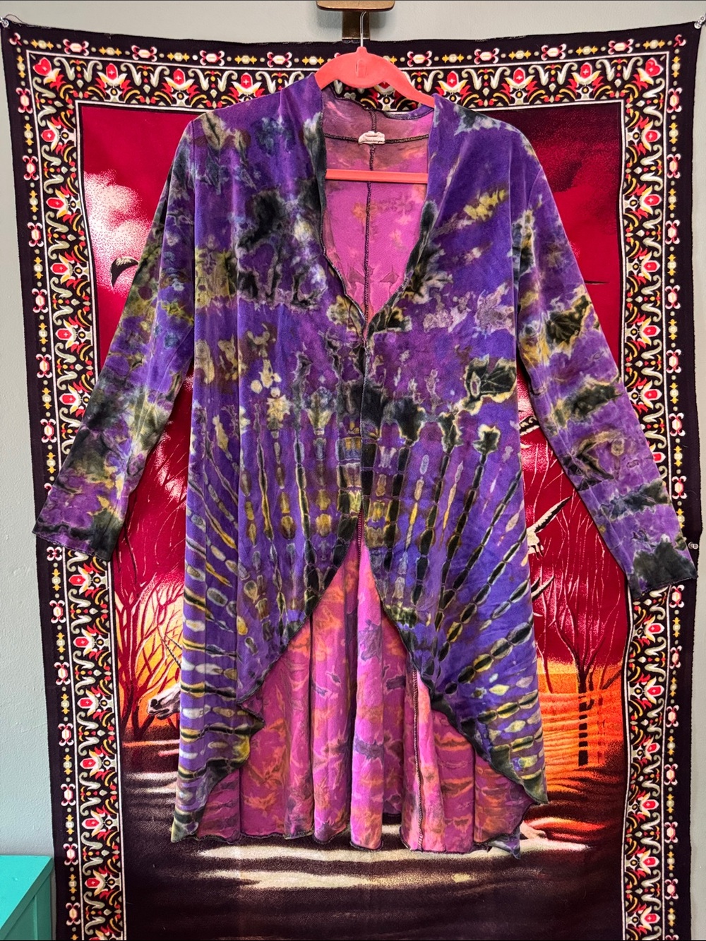 Gypsy Rose purple tie dye hippie boho draped velvet cardigan sweater